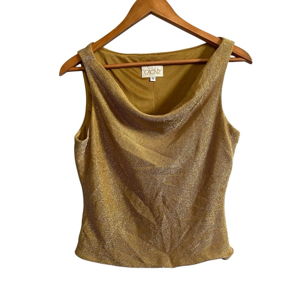 Caché Gold Metallic Lurex Cowl Drape Top Size 8 Shimmer Y2K Mob Wife 90s Indie